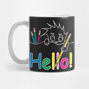 Cute character writes Hello Mug